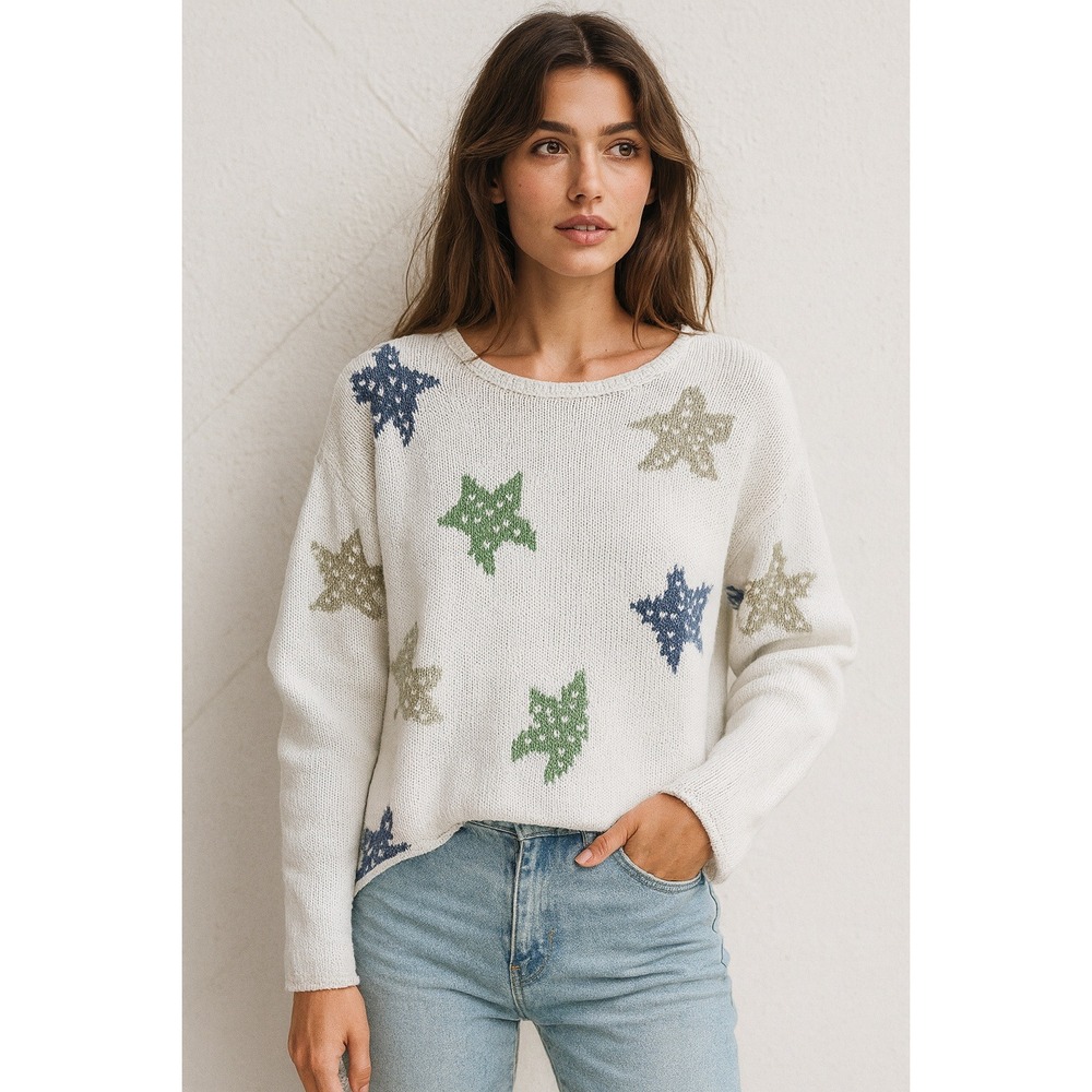 VTG 90s Freeport Studio‎ Sweater L Whimsical Ramie White Pastel Stars Dopamine